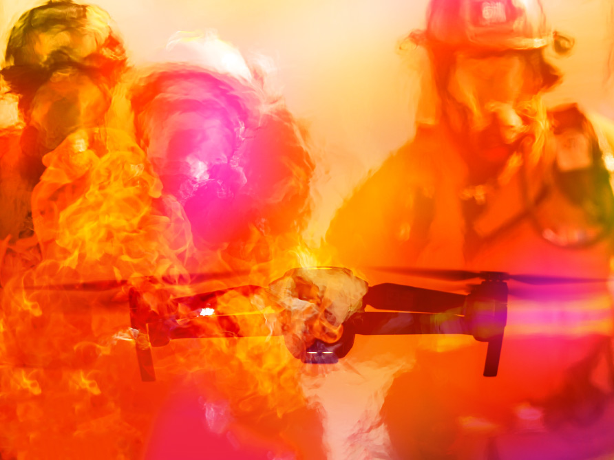 Bright and colorful dual exposure looking image of a drone with firefighters,