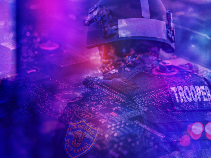 Dual exposure of a piece of hardware of technology with a gradient overlay and a police officier